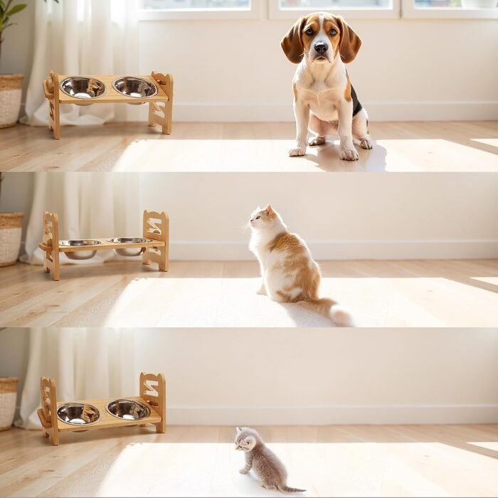 Підвищена годівниця для собак RLAVBL з бамбука, регульована, для повільного годування, з 2 нержавіючими мисками, антиковзаючі підкладки, для собак та котів