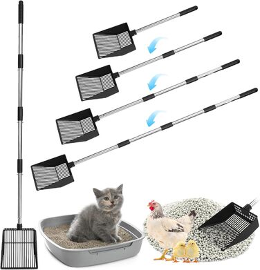 EXPAWLORER лопатка для котячого туалету з довгою ручкою, металева, велика, з глибоким ситом, 56-133 см, для прибирання котячого та курячого посліду, знімна