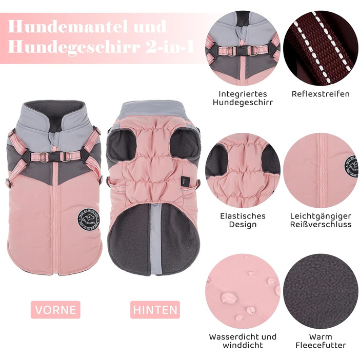 Зимова куртка для собак на вітер та воду, 2 в 1, тепла жилетка для цуценят, світловідбиваюча куртка (XS, рожевий + сірий)