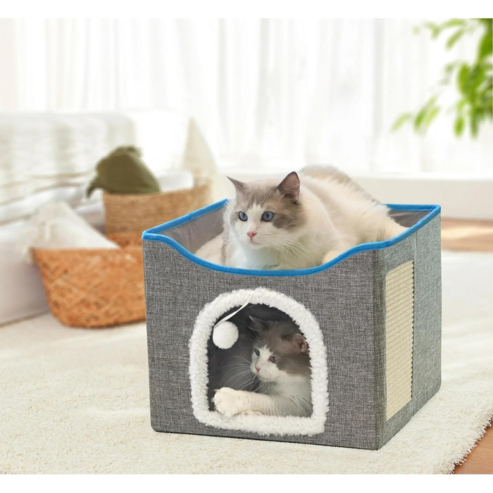 Будиночок для котів Fluffy Paws Store – велика м'яка котяча нора для домашніх котів з підвішеним пухнастим м'ячем і кігтеточкою, складаний кішковий будинок 41,9x41,9x33 см, сірий