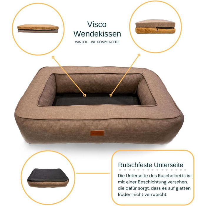 Ортопедичне ліжко для собак Rio, миється, кошик для собак з антиковзким покриттям та подушкою з memory foam для зими та літа, ідеально для великих собак до 35 кг (L 100x70x17 см), коричневе