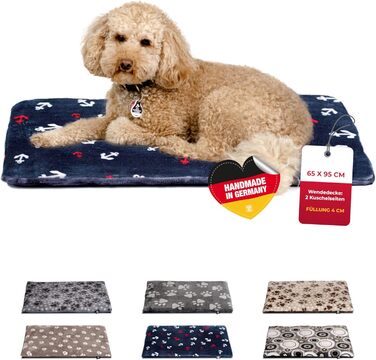 Лежак для собак HS-Hundebett® середній 65x95 см, двосторонній, м'який, 3 см наповнювач, для дивану, авто і переноски, анкер синій, вироблено в Німеччині