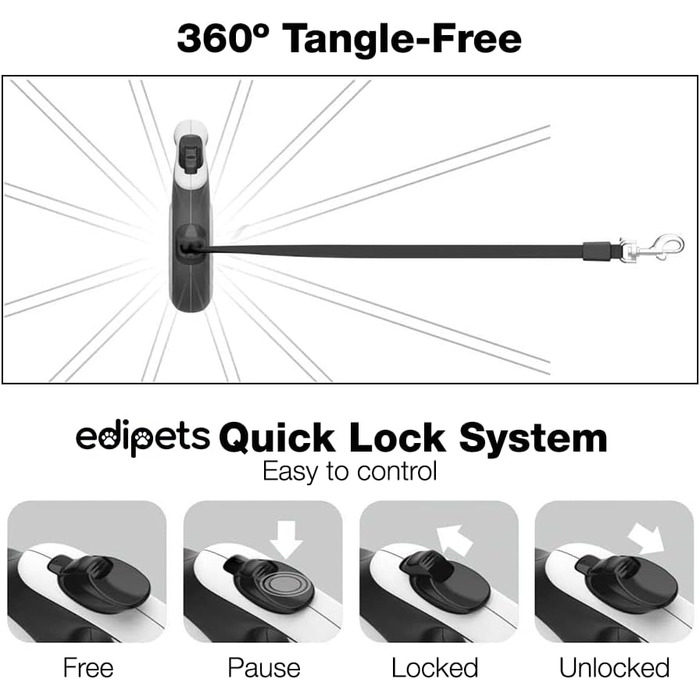 Рулетка для собак Edipets, висувна, нейлон, 5 м, 360°, для малих, середніх та великих собак (біла, M)