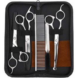 Набір професійних ножиць для собак з витончувальними ножицями, кусачками для нігтів та гребінцем - для всіх пухнастих домашніх тварин, сріблястого кольору, 15,5 x 5,5 см