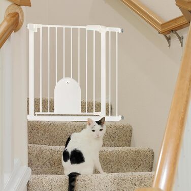 Захисні ворота для дітей та домашніх тварин SUBTLETY з дверцятами для котів, розширювані, без свердління, 85-95 см, білий