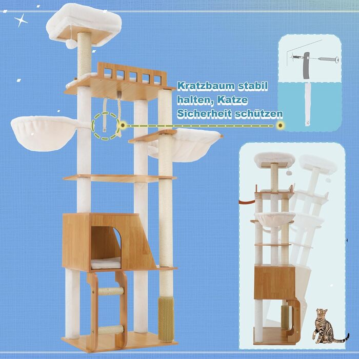 Дерев'яний кігтеточки Hey-brother Holz Kratzbaum 184 см для великих котів, багатоярусний, зі стійкою платформою, кошиком, будиночком, щіткою та драбиною, Noyer EMPJ121WB