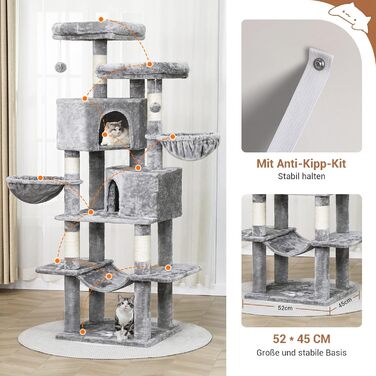 MSmask Котячий будиночок-кігтеточка великий, 180 см, з сизалевих стовпів, 2 платформи, 2 будиночки, кошик, гамак, стабільний, багатоповерховий, сірий