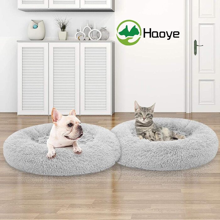 Кругле ліжко для собак та котів Haoye, плюшеве, Ø 50 см, сірого кольору