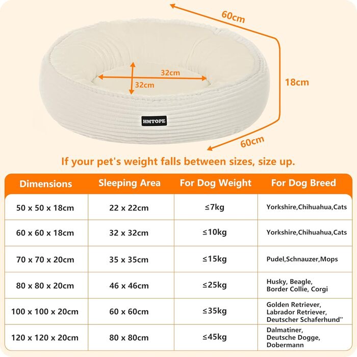 Кругле ліжко для собак та котів, м'яке, зручне, Ø 60 см, бежеве. Розмір: 60x60x18 см. Зручне, миється, знімний чохол, антиковзаюча основа.