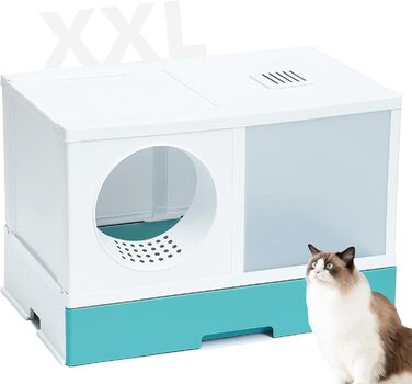 Великий закритий туалет для котів PeTraum XXL з повітряним фільтром, з висувним лотком, 69×44×46 см, для великих котів і кількох тварин, зелений, легке очищення