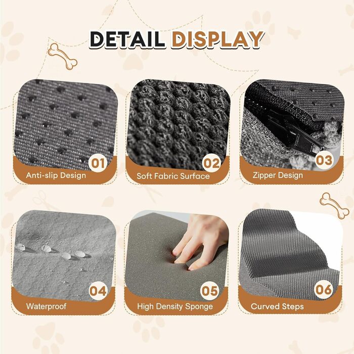 Сходинка для собак та котів Romrol, 3 сходинки, сіра – м'яка, з неслизьким покриттям, для захисту суглобів