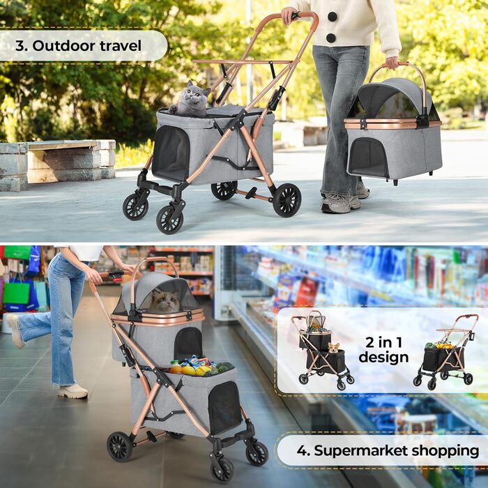 MAMIZO Подвійний візок для собак, переноска для тварин до 15 кг, складний двоярусний візок для собак, котячий візок на 2 яруси з 4 зносостійкими колесами PU, переносна сумка для собак (Сірий)