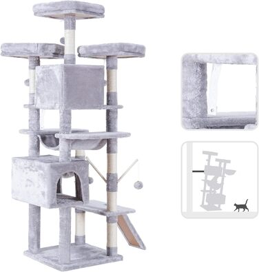Великий котячий будиночок Hey-brother Kratzbaum XXL, 180 см, сірий. Стабільний котячий комплекс з сизалевим мотузком, великою дряпалкою, корзиною, 3 платформами та 2 будиночками. EMPJ034W