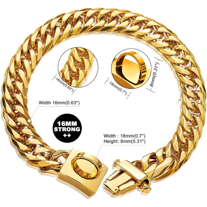 ToBeTrendy нашийник для собак золотистий, металева ланцюгова 18K кубинська плетіння, з надійною пряжкою, міцний, для середніх собак (16 мм, 35,6 см)