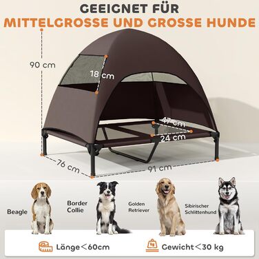 Лежанка для собак PawHut Outdoor з дахом, підняте ліжко для середніх собак, ліжко для домашніх тварин з охолоджуючим ефектом та знімним м'яким матрацом, сталевий каркас, переносна сумка, для вулиці та кемпінгу, 76x61x71 см, колір кавовий