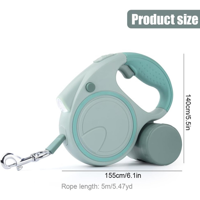 Висувна собача повідка з LED, зручний руків'я, тримач для відходів, для собак до 25 кг, зелена