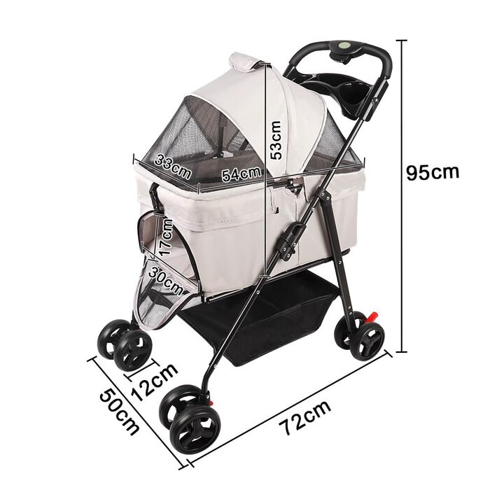 Візок для собак середніх порід, 25 кг, 4-колісний візок для собак та котів, складаний, для подорожей, сірий (50 x 65 x 99 см)