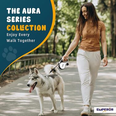 Рулетка для собак Emperor Pets Aura BW26, біла, до 50 кг, міцна, з антиковзною ручкою та світловідбиваючою стрічкою, для середніх і великих порід