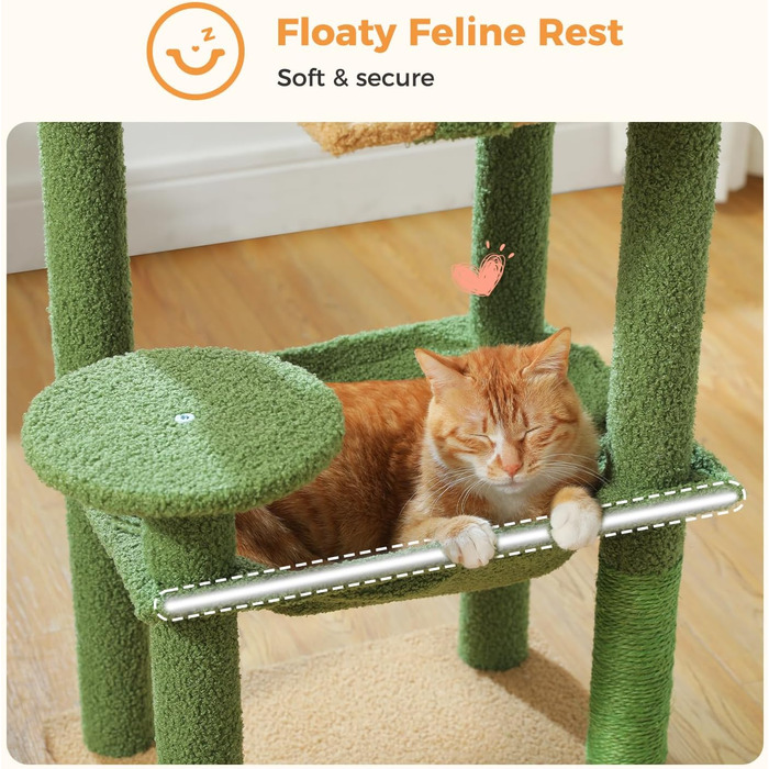 Комплекс для котів PAWZ Road з будиночком, гамаком та когтеточкою, 6-ярусний, 113 см, зелений