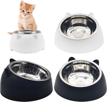 Набори мисок для котів Hamiledyi з підняттям, 4 шт., 15° нахил, нержавіюча сталь, анти-блювотна, не протікає, для кошенят, дорослих котів та кроликів (чорний + білий, 200 мл)