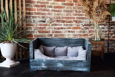 Собаче ліжко Kistenkolli Altes Land Balu з дерева з подушкою, корзина для собак, лежанка, вінтажний диван для собак, білий (90x57x45 см, Shabby Schwarz)