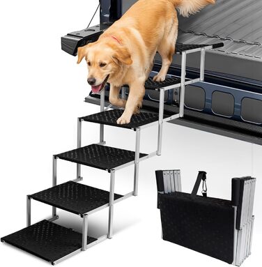 Сходинки для собак у машину, складні - до 113 кг, для великих собак, з антиковзким покриттям (метал та тканина, 6 ступенів, срібний)
