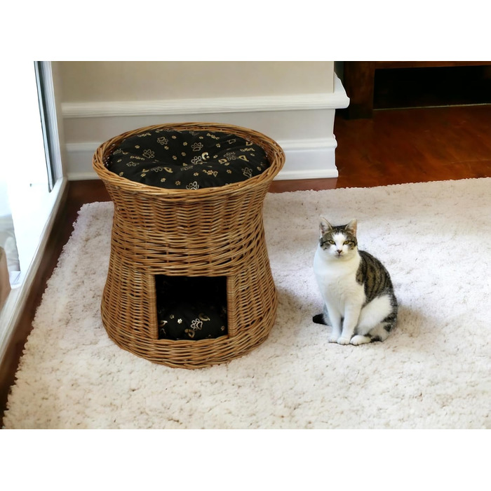 Котячий кошик для сну з подушкою, кругла плетена хатинка з лози, двоповерхове ліжко для котів і собак, діаметр 47 см, колір натуральної кори, темно-коричнева подушка, для дому