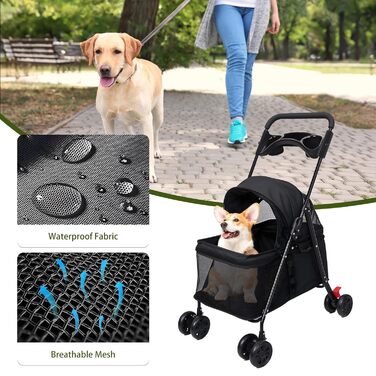 Дитяча коляска для собак та котів до 22,7 кг, складна, з тримачем для напоїв, вікно, подвійне гальмо, чорна