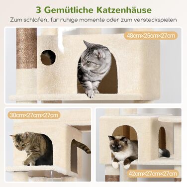Дерев'яний комплекс для котів Globlazer з 3 будиночками, 5 сизалевими стовпчиками, платформою та іграшками, 168 см, бежевий