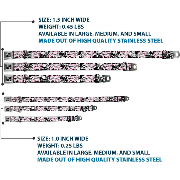 Нашийник для собак Buckle-Down Punk Princess: серце, хрест, черепи, чорно-білий, ширина 2,5 см, обхват 38-66 см