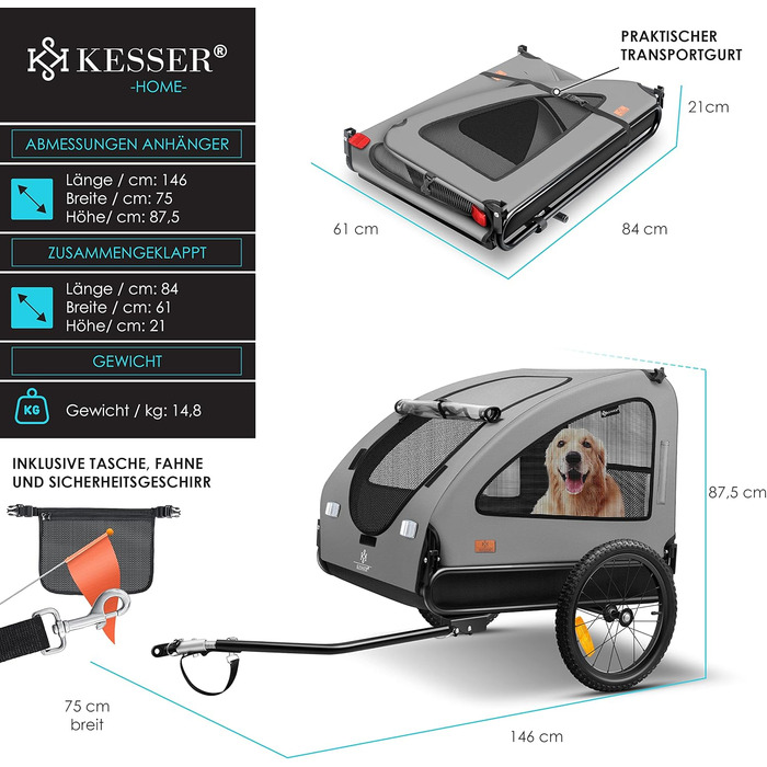 Великий велосипедний причіп-візок для собак KESSER Boxer 2-в-1, 250 л, складаний, 600D Оксфорд, до 45 кг, з прапорцем і сумкою