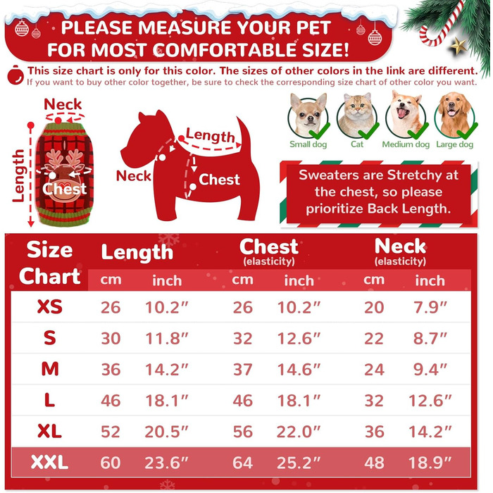 Теплий різдвяний пуловер для собак з отвором, червоний в клітинку, з оленем, одяг для собак, котів, цуценят, теплий осінньо-зимовий пуловер (XXL, пуловер з оленем)