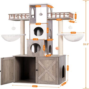Heybly HCT110SG Когтеточка з туалетом для котів, для великих котів до 9 кг, міцний сучасний котячий будинок з когтеточками, для дому, рустикальний сірий