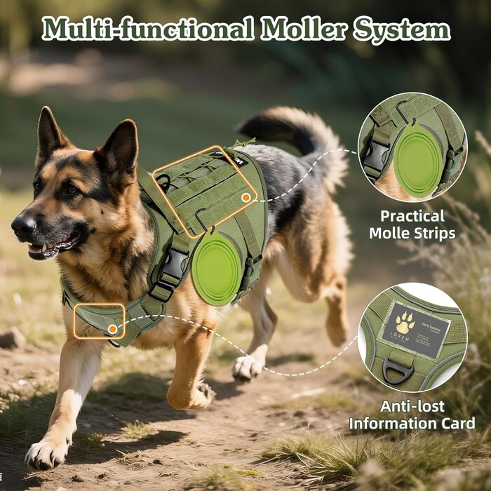 Тактичне обіднє нашийник для собак VavoPaw з MOLLE панеллю та світловідбиваючими смугами, армійного кольору, розмір L (45-80 фунтів)