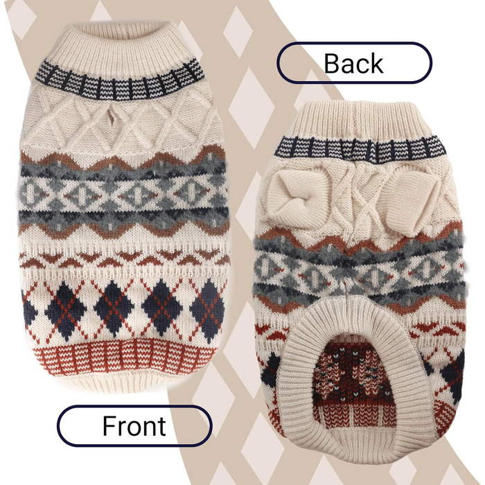 Теплий зимовий пуловер для собак маленьких порід, пуловер з отвором для нашийника, в'язаний пуловер для собак, пуловер для собак у стилі бохо, бежевий, розмір M