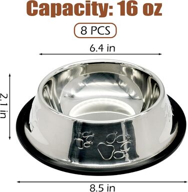 Набір мисок для корму для собак і котів з нержавіючої сталі, 8 шт., 16oz, стекуються, неслизькі, для тварин