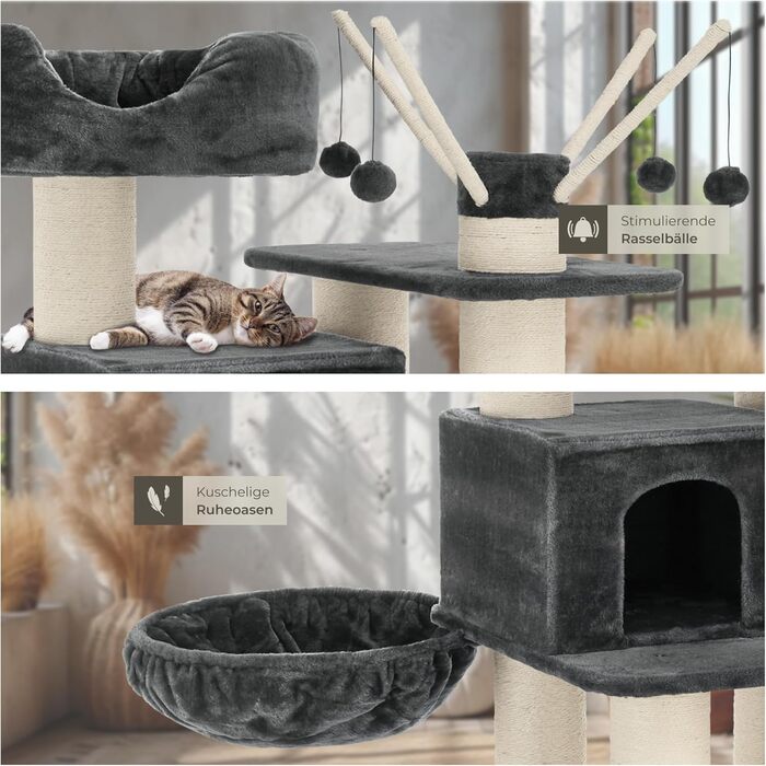 Дерев'яний комплекс для котів Tectake XXL, 195 см, з гамаком, сходами, печерею та когтеточками з сизалю, сірий/білий | 403327