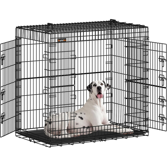 Клітка для собак Feandrea, розкладна, з 2 дверцятами, висувна миска, 122 x 74 x 114 см, XXL, чорна