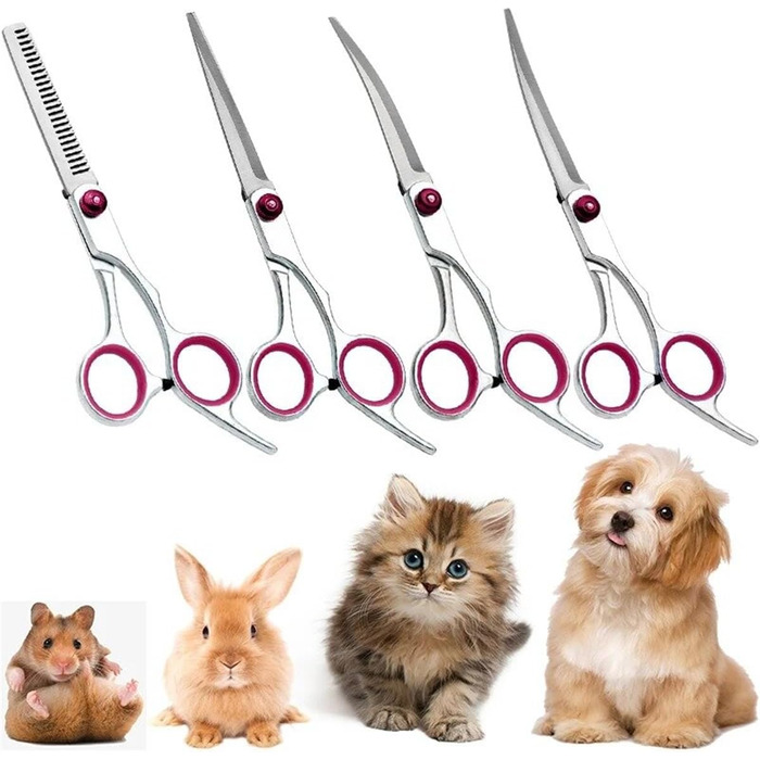 Професійний набір ножиць для грумінгу собак 4 в 1, 6 дюймів, ножиці для стрижки шерсті собак, прямі та зігнуті ножиці, ножиці для фінальної обробки з зубчиками