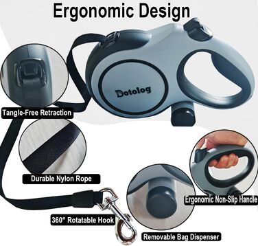 Рулетка для собак Dotolog 8м, висувна повідка для собак середніх та великих порід до 50 кг, повідка-рулетка, сіра/чорна