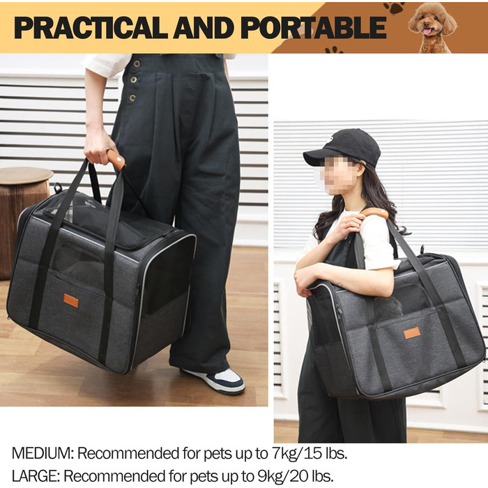 Складана переноска для котів та собак Premium, чорна, M (44 x 34 x 31 см), знімний килимок