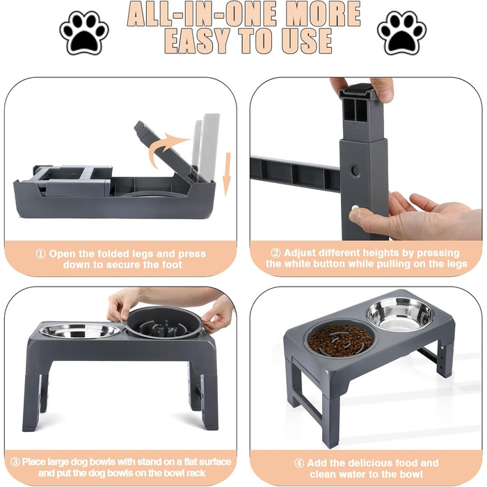 Підвищений годівниця для собак, регульована висота, підставка, 4 рівні, повільне годування, миска для собак з нержавіючої сталі для малих, середніх та великих собак (сіра)