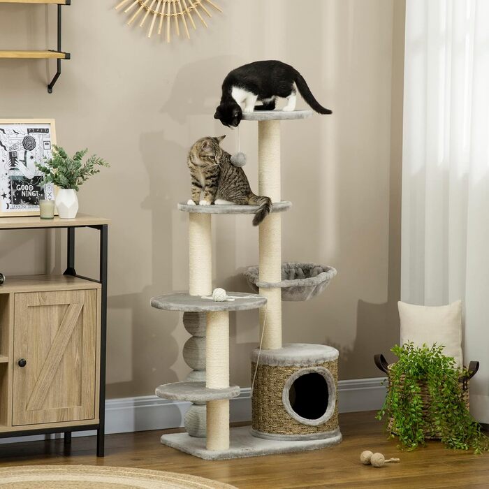 Когтеточка PawHut 115,5 см з котячим будиночком, ігровий комплекс з гамаками, іграшкою та джутовими стовпами, світло-сіра для котів