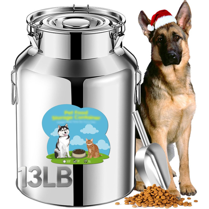 Контейнер для корму для собак та котів з нержавіючої сталі, 5,9 кг, з герметичним кришкою та лопаткою