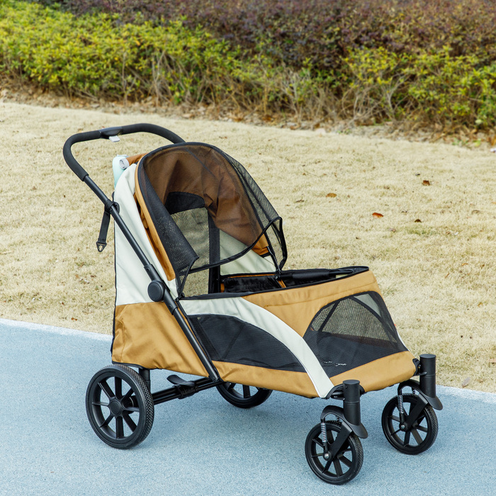 Складаний візок для собак середніх порід, собачий buggy на 4 колесах із безпековим повідцем та гальмами, коричневий