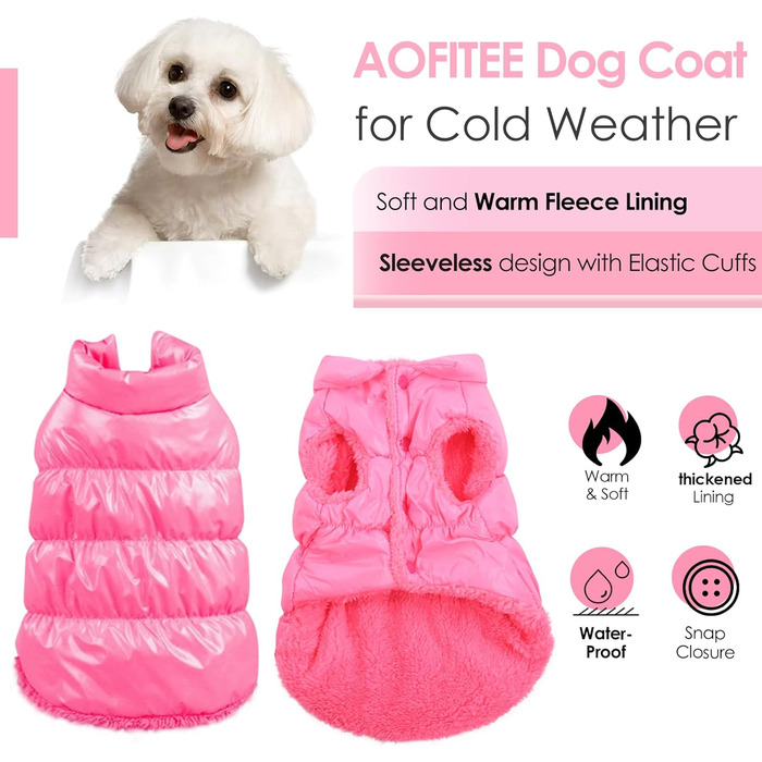 Зимовий одяг для собак AOFITEE: теплий водонепроникний жилет з флісу для цуценят та собак середніх розмірів, рожевий колір. Розмір: Chest 15', Back Length 11'