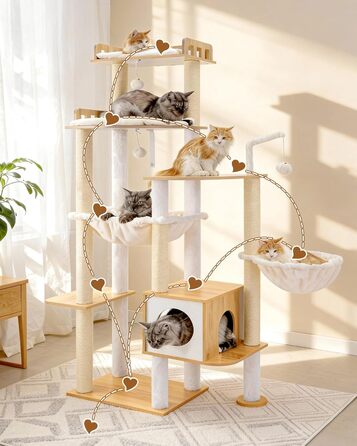 Дерев'яний котячий комплекс Heybly Kratzbaum HCT121WB: 179 см, платформа, будиночок, гамак, сизаль, стабільний, легка збірка