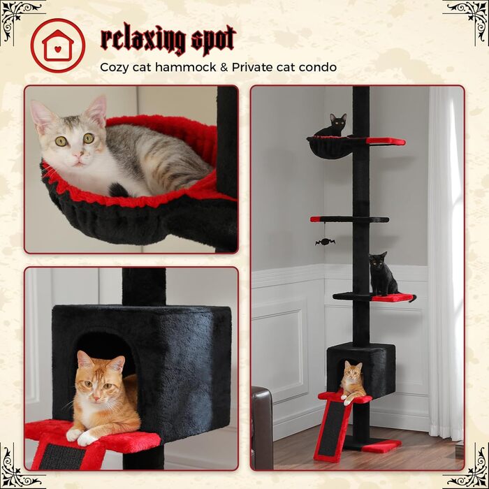 Дряпка для котів PAWZ Road Кактус, підлога-стеля, висота 216-273 см, з гамаком і будиночком, антикіп, чорна