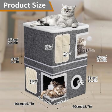 Триповерховий будиночок для котів, складаний котячий куб 40x40x63 см для великих котів, внутрішній будиночок із двома відділеннями, з когтеточкою, лежанкою та іграшкою