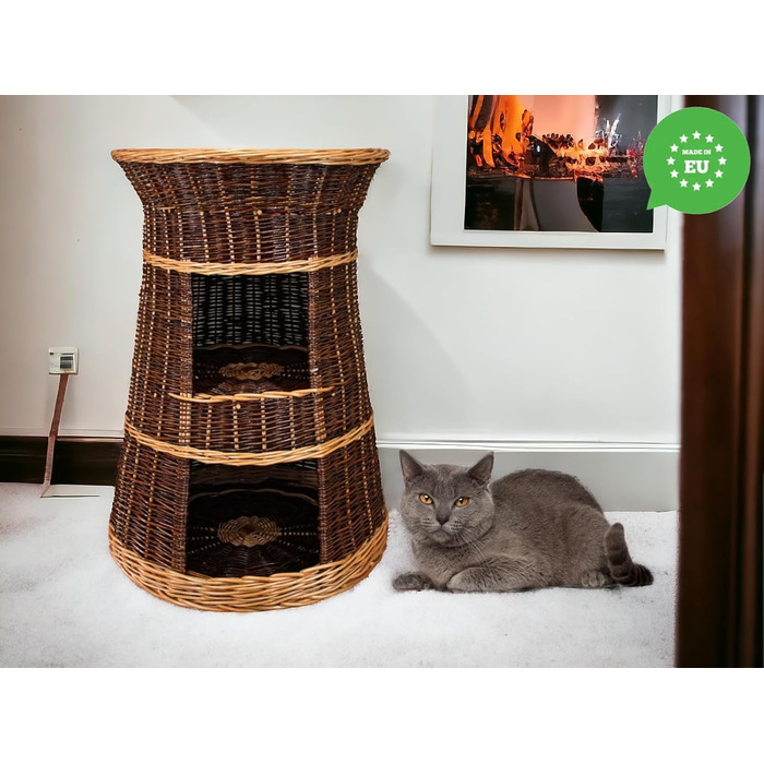Корзина для котів, лежанка-будка, 43x49x70 см, з вербового пруття, трирівневе ліжко для собак та котів, знімні подушки кремового кольору, лакована корзина (без подушок)